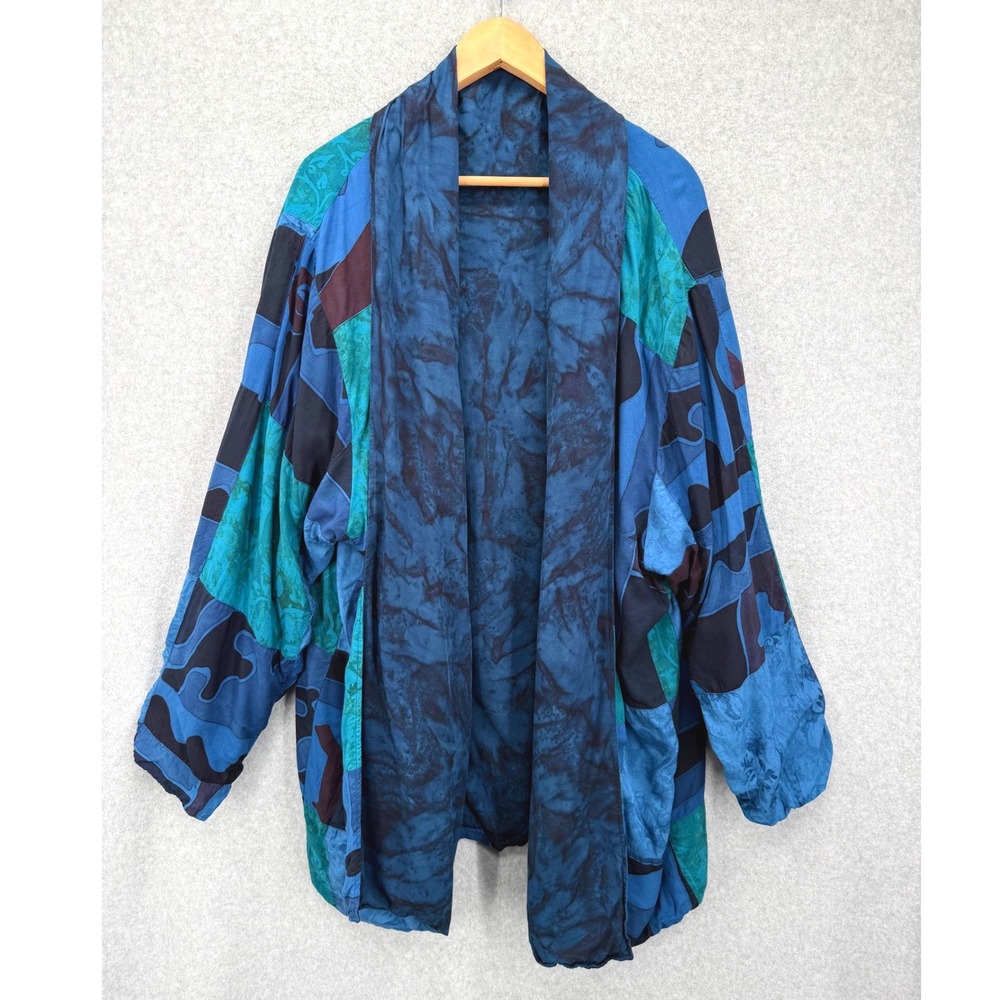 Simply Southwest Kimono Cardigan Reversible One Size Blue Patchwork Art To Wear